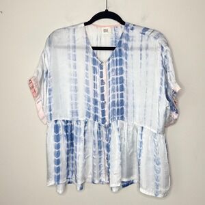 Norblack Norwhite Tie Dye‎ Satin-y Peplum Top Button Down Short Sleeve Small